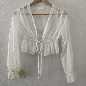 ROMWE White Swiss Dot Tie-Front Peplum Sheer Crop Top